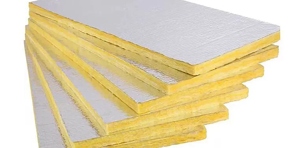 a stack of glass wool insulation panels. Each panel features a yellow, fibrous glass wool core and a reflective silver - colored facing, which helps with heat reflection. These panels are commonly used in construction for thermal insulation in walls, roofs, or ceilings, as well as for acoustic insulation to reduce noise transmission. The reflective layer can enhance energy efficiency by minimizing heat transfer.