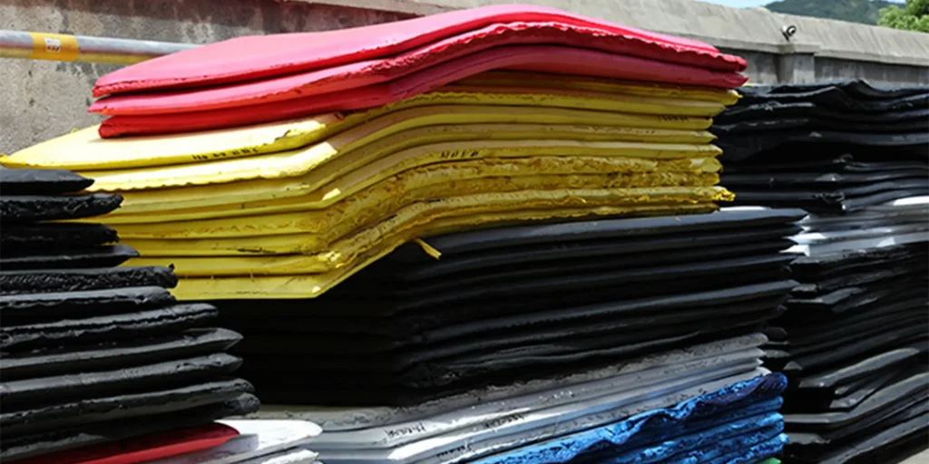 a stack of colorful rubber mats, with the most prominent colors being red and yellow. These mats are placed on top of each other in an orderly fashion, creating a visually appealing contrast against the darker-colored mats that surround them. The background appears to be outdoors, possibly near a wall or fence, as there is a glimpse of greenery visible through what seems like a gap between the structure and the sky.