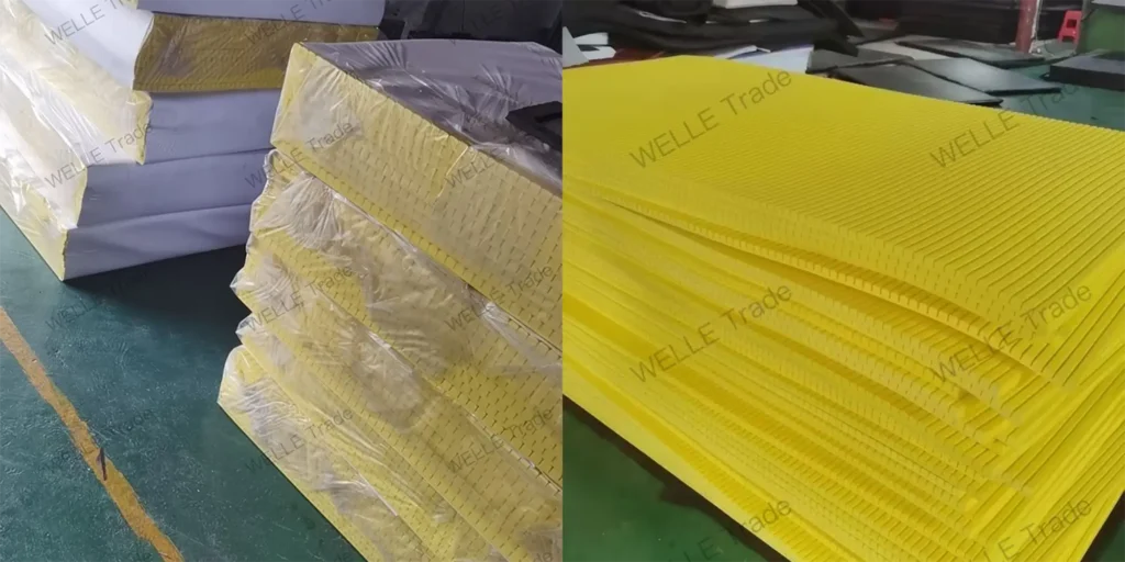 a warehouse or industrial setting with stacks of large, rectangular objects. These items are wrapped in clear plastic and appear to be made from a lightweight material, possibly cardboard or foam board, given their honeycomb-like structure visible through the wrapping. On the left side of the image, there is a close-up view showing several layers of these wrapped panels stacked on top of each other. The floor beneath them has a greenish hue and appears to be painted concrete or epoxy flooring commonly found in such environments for durability and ease of cleaning. To the right, we see a broader perspective that includes more of the warehouse space. Here, the focus is on a single stack of yellow panels, which stand out against the darker background. This stack seems to be composed of multiple layers of the same type of panel seen on the left but without any protective wrapping, revealing the distinctive pattern of the honeycomb design. In both sections of the image, the watermark “WELE Trade” suggests that this might be an inventory photo belonging to a company named WELE that deals in trade or distribution of these products.
