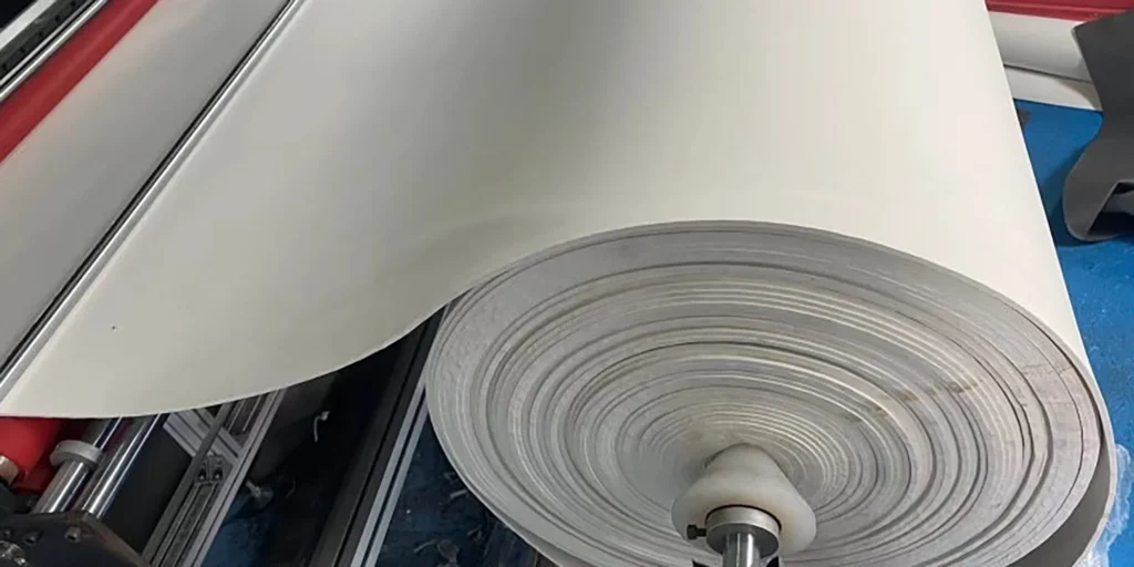 shows a large, white material roll (likely fabric or industrial sheet) mounted on industrial machinery inside a factory. The roll is partially unspooled, revealing its smooth, plain white surface, and is positioned on equipment with metal and red components. The background includes blue flooring and other factory elements, indicating this is part of a production or processing setup for handling large rolls of material.