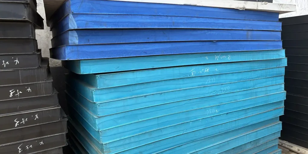 an outdoor industrial storage area where multiple large stacks of plates in blue and black are arranged. The plates have handwritten markings, likely indicating specifications or inventory details. The scene includes concrete surfaces and industrial structures, suggesting a functional storage environment for these large industrial components.