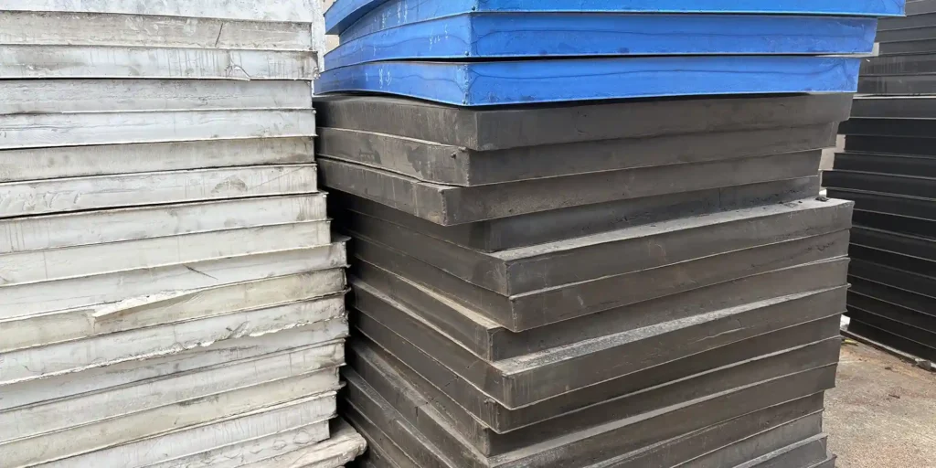 an outdoor industrial storage scene where multiple large stacks of plates in white, black, and blue are arranged. The plates appear to be made of sturdy material, likely intended for industrial or manufacturing use. The ground is concrete, and there are hints of industrial structures and other stacks in the background, indicating a functional storage environment for these components.