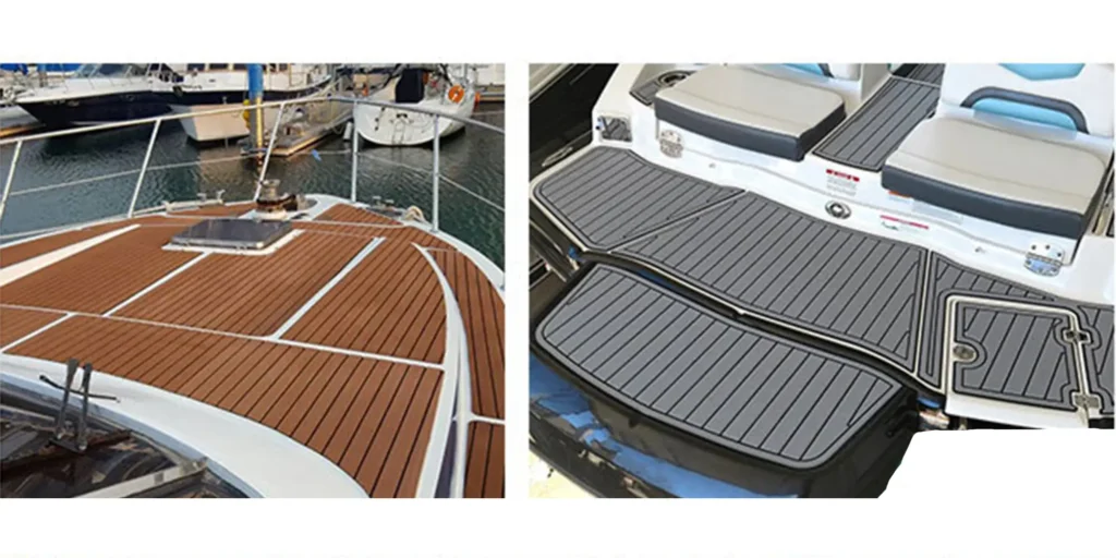 a composite of two photographs showcasing the deck areas of boats. On the left, we see a close-up view of what appears to be a wooden deck on a sailboat with a teak finish that gives it an elegant and classic look. The deck has a smooth surface with visible wood grain patterns and is bordered by metal railings. On the right, there’s another boat deck but this time featuring a non-slip, textured rubber matting in gray color. This type of decking provides safety against slipping when wet and is often used for its durability and ease of maintenance. The matting covers the entire area where people would stand or walk, including around seating areas which are upholstered in light-colored fabric with blue accents.