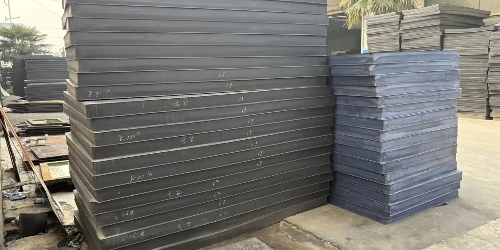 an outdoor industrial setting where multiple large stacks of black and blue plates are stored. The plates have handwritten markings, likely indicating specifications or inventory details. The area features concrete ground, some scattered industrial materials, and palm trees, with buildings visible in the background. The scene suggests a storage or manufacturing facility for these large industrial components.