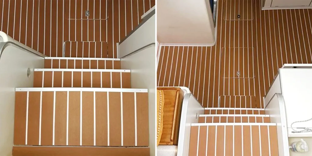 a pair of photographs, each capturing an interior space with wooden flooring and white vertical stripes. The left photo focuses on the stairs leading upwards, while the right one offers a broader view that includes part of a room’s floor extending beyond the staircase area. In both images, the wood appears to be in a light brown shade with the white stripes creating a contrast that adds visual interest. The stairs have metal railings on either side, which complement the clean lines of the design. There are also some objects visible at the bottom of the stairs in the right photo, such as what seems like a piece of furniture or storage unit against the wall, and possibly a bottle or container placed near it.