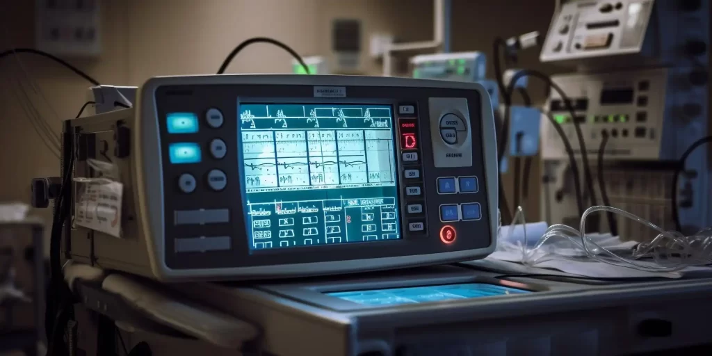 A display screen with various buttons and numbers. The screen displays data such as an electrocardiogram. Around the screen there are many wires and devices connected to it. The whole scene looks like a hospital operating room or intensive care unit.