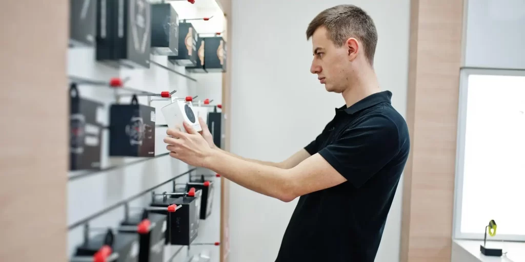 a young man in a retail environment, evaluating or setting up a display of consumer electronics, which are likely secured with some type of protective casing. The use of EVA foam in consumer electronics cases is a common practice due to its lightweight, durable, and shock-absorbent properties, which offer significant protection for delicate devices.