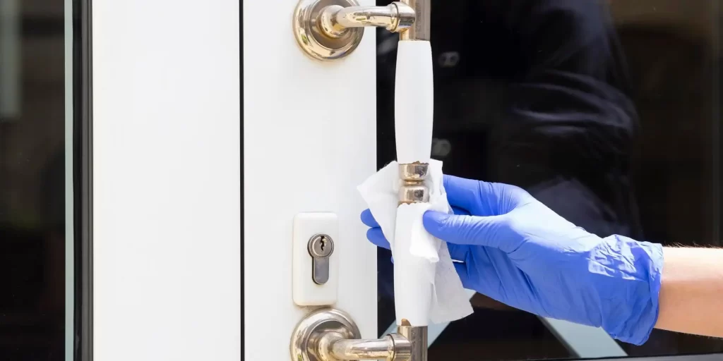 The glass door was wiped away by a gloved man and The flash of blue seemed so mysterious against the white background. In a world of white, the flash of blue seemed so bright. It was a cleaner, tools in hand, who was concentrating on wiping a clean white door.