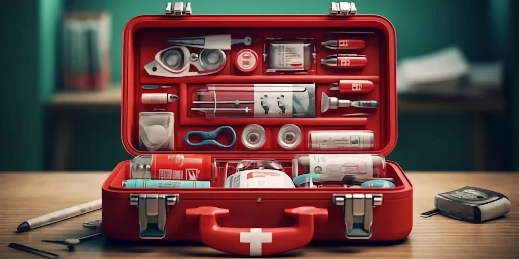 a well-organized medical carrying case with various compartments containing medical supplies and equipment. The red case is open, displaying items such as syringes, bandages, gauze, and other medical tools, indicative of a portable first aid kit or emergency medical kit. The use of EVA (ethylene-vinyl acetate) foam in such medical carrying cases is significant. EVA foam is valued for its lightweight, flexible, and durable properties, making it an excellent choice for protective padding and cushioning in medical carrying cases. It helps to keep medical instruments secure and protected while being transported, which is crucial in emergency medical services and in environments where medical supplies need to be mobile and ready for immediate use.