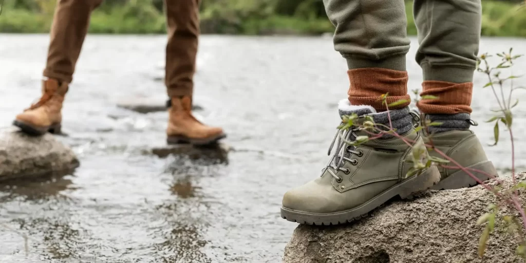 two individuals standing on rocks in a body of water, likely engaged in an outdoor activity such as hiking. The focus is on their footwear, with one pair of boots being tan and the other a pale grey, both equipped with thick soles, possibly indicating the use of EVA foam for comfort and durability.