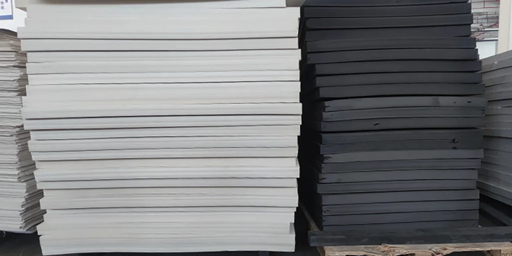 shows an indoor warehouse storage area where massive stacks of industrial plates are arranged: one tall pile of plain white plates sits beside another large stack of black plates. The plates are neatly layered, and the scene includes hints of other stored materials, indicating a functional environment for holding industrial components (likely for manufacturing or construction use).