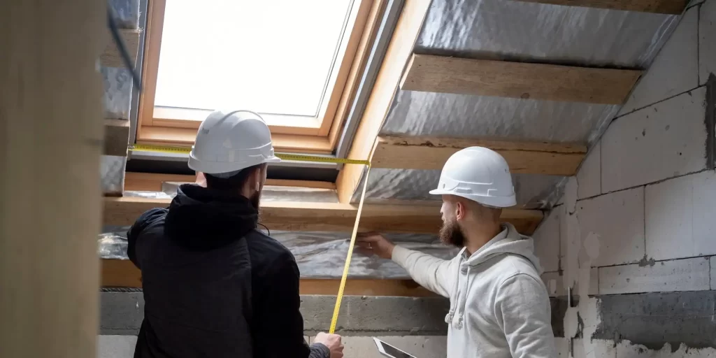 Two males wearing white helmets, one with a tape measure, were measuring the dimensions of the roof.