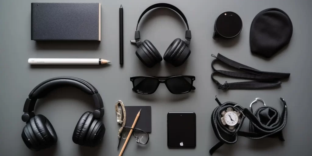 A black Apple laptop with various black items on it - headphones, sunglasses, pens, watches, etc.