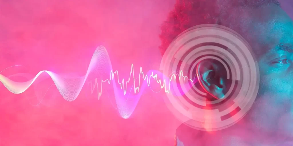 An abstract pattern of sound waves and circles in the colors pink and blue