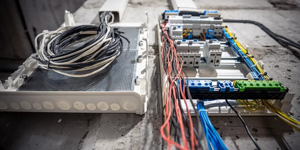The picture shows a fuse box with wires and cables of various colors.