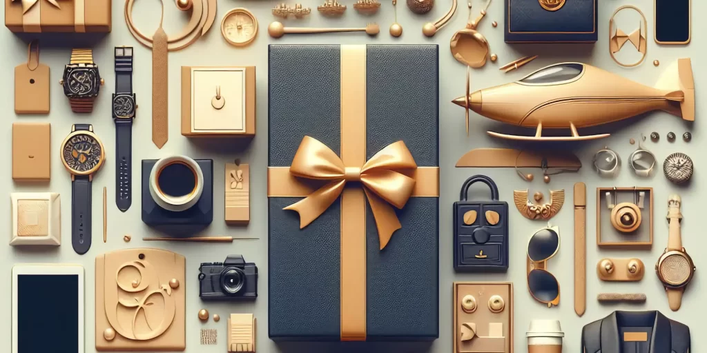 a collection of various objects arranged in a harmonious color scheme. The central focus is a large navy blue gift box tied with an elegant golden bow. Surrounding the gift box are various objects including several types of wristwatches with different designs and styles, a camera, a pair of sunglasses, jewelry items like rings and bracelets, a miniature airplane model made of gold material, and assorted shapes that appear to be decorative or artistic in nature, possibly jewelry boxes or ornamental pieces. All objects are presented in shades of gold, brown, and navy blue creating a visually pleasing aesthetic.