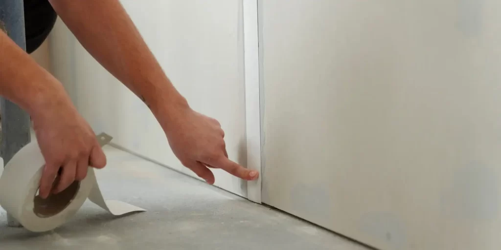 The picture shows a man cutting tape from the floor with a hobby knife.