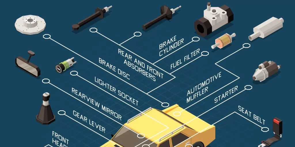 This is a picture of a car engine and dashboard with headlights, hood, radiator, bulb socket, and mirror in the rear view.