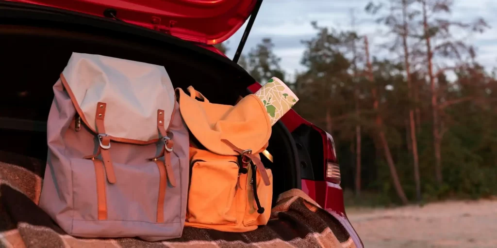A red van loaded with two backpacks and several suitcases. Behind the truck is a large tree with leaves swaying in the wind. There is a small tent under the tree where it seems that someone is resting or sleeping. There was silence all around, only the sound of birds. People waited quietly, waiting for this moment to come.