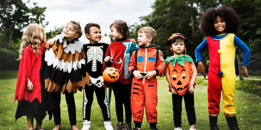 A group of children in Halloween costumes, standing in the grass. They are holding hands, laughing and playing together. The children's smiles were filled with feelings of joy and happiness. Their costumes varied from character images such as Spider-Man and the Joker. These children are part of the family and part of the community. They spend time together and share each other's joy and happiness.