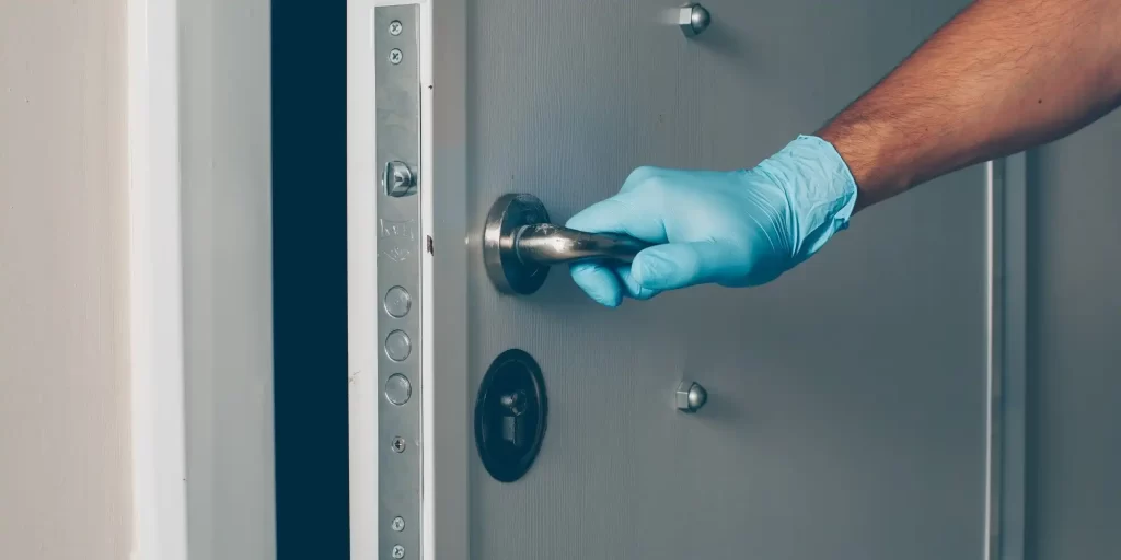 A blue-gloved hand is shown opening a door.