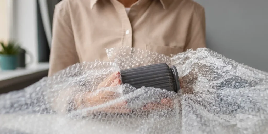 A man is holding a pile of bubble wrap with both hands, among which is a black cylindrical object. A window and a potted plant can be seen in the background. The person is wearing a light-colored shirt. The whole scene gives the impression that the person is packing or organizing items.