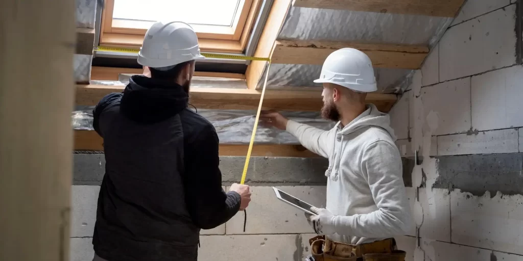 The picture shows two male workers inspecting the roof on a building, one of them holding a digital tablet. They are wearing white helmets.