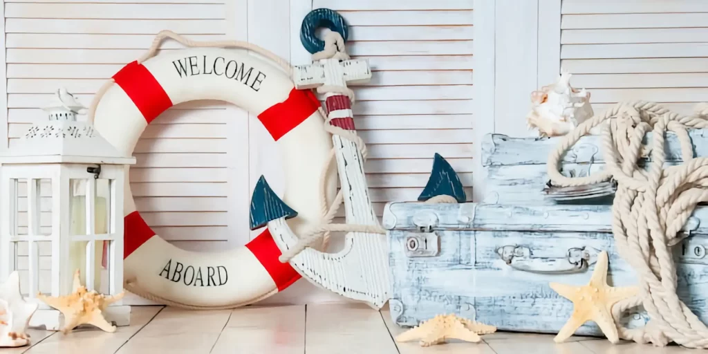 a nautical-themed decorative setting, typically used to convey a seaside or maritime ambiance. Central to the image is a lifebuoy with the words "WELCOME ABOARD" prominently displayed, suggesting a warm invitation, possibly to a home, business, or event with a marine or coastal theme. Accompanying the lifebuoy are several other marine-themed items such as a lantern, a model sailboat, starfish, and a thick rope, which together create a cohesive and inviting maritime display. The EVA foam mentioned in the filename is often used in marine applications due to its properties such as water resistance, buoyancy, and durability. It is a common material for marine upholstery and cushioning because it can withstand the harsh marine environment while providing comfort.