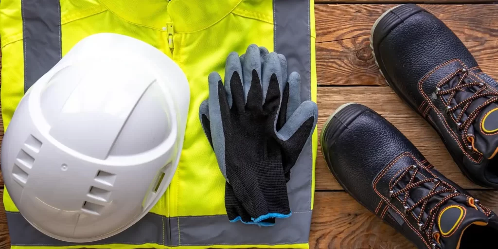 The image shows a scene of work clothes and safety equipment, including a pair of black work boots, a pair of black and gray gloves, a white helmet, and a green and yellow safety undershirt.
