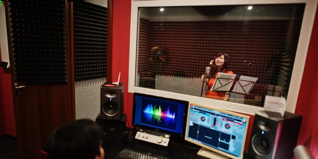 A recording studio with sound-absorbing EVA material covering the walls.