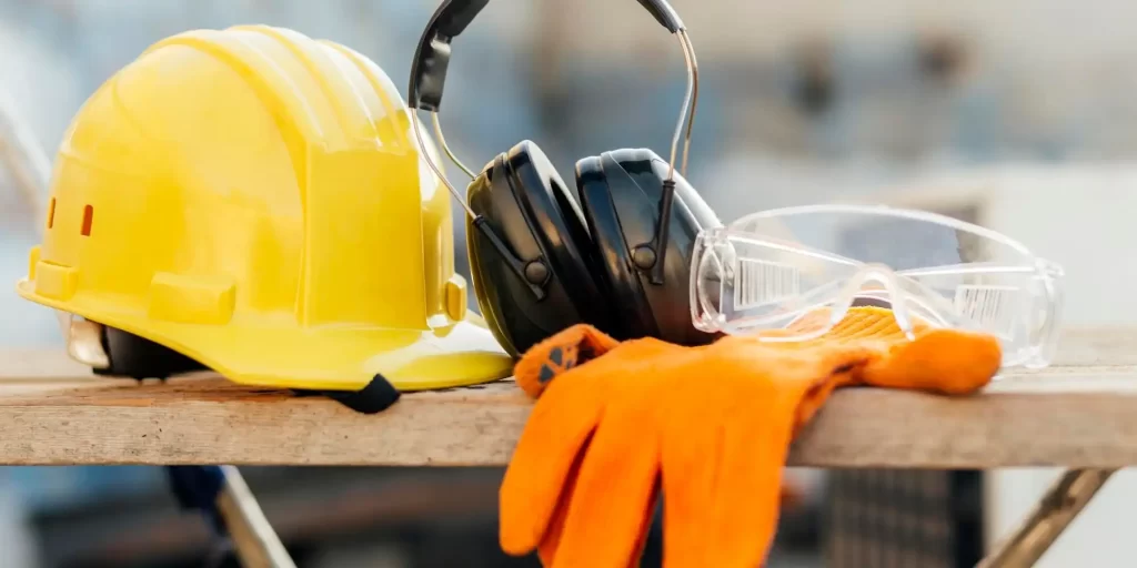 The picture shows a yellow helmet, a pair of black ear muffs, a pair of orange gloves and a pair of clear glasses.