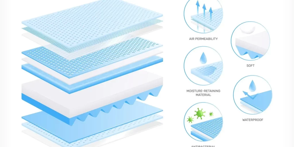 The first one shows a blue and white laminated mattress with air compartments and breathable holes on top and moisturizing material underneath. The second picture zooms in on the top vent area of the two together, and you can see many small holes. The third picture shows a waterproof layer with "waterproof" written on it. The fourth picture shows a strain of bacteria being wetted by water, with "antibacterial" written next to it.