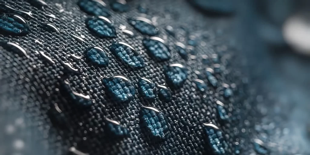 The picture shows a waterproof material with water droplets and a blue fabric texture.