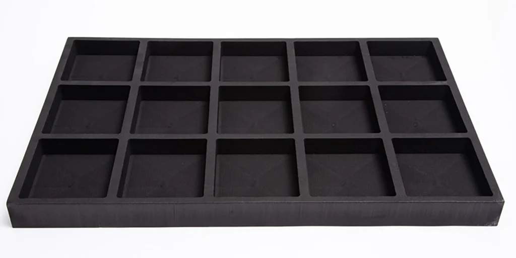shows a rectangular, black organizer tray with 15 evenly sized compartments arranged in a 3-row by 5-column grid. The tray has a smooth, matte black finish and is presented against a plain white background, emphasizing its structured design. It’s likely intended for organizing small items (like tools, craft supplies, or components) in a neat, segmented layout.