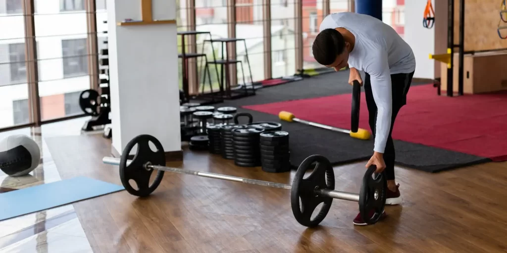 A young man, working out in a gym. He is holding a barbell and dumbbells and is working his way through a training program. His muscles are clearly defined and he is fit, showing great strength and endurance. He is focusing on his fitness career and working hard for his future goals.