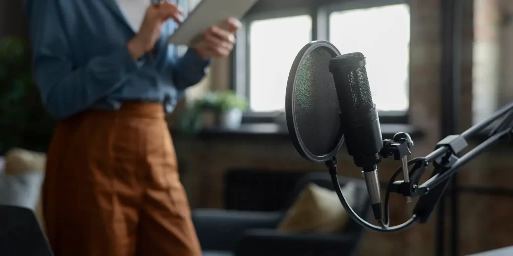 microphone and laptop, sitting quietly in the room by herself. She was wearing a blue shirt, black pants, and headphones. She seems to be immersed in her work in the recording studio, focused and engaged. There is a computer and a microphone in the room that appears to be recording audio or video content. She is focused on her work and letting the sound travel through the space.