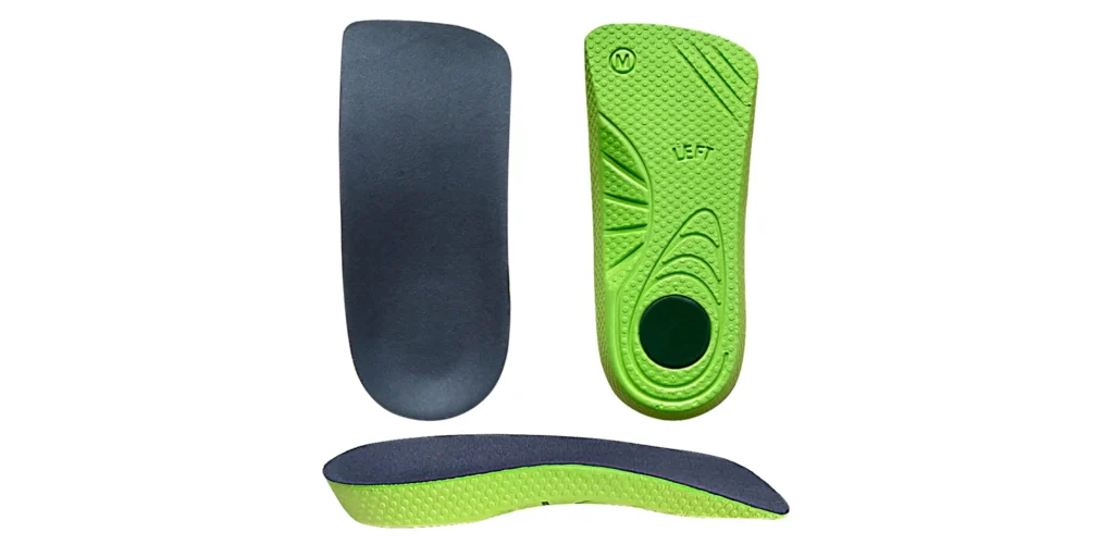 a set of orthopedic insoles from three different perspectives. There’s a dark gray insole, a bright green insole with textured patterns and a circular green element (likely for targeted support), and a side - view insole that reveals a layered structure—dark gray on top and bright green on the bottom. These insoles are designed to provide foot support, likely addressing arch and heel comfort, and are crafted with materials and shapes to enhance overall foot health.