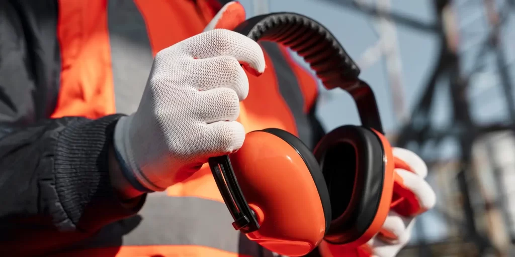 Wearing orange goggles and earplugs, this worker appears to be engaged in some kind of hazardous work. Protective gear such as a helmet, gloves and headgear keep him calm in the noisy environment. With tools or equipment in hand, he may be a construction worker or other professional. Wearing orange goggles and earplugs means he's focused on safety on the job. Protects hearing from noise while protecting himself from injury. This is a conscious, focused and responsible worker.