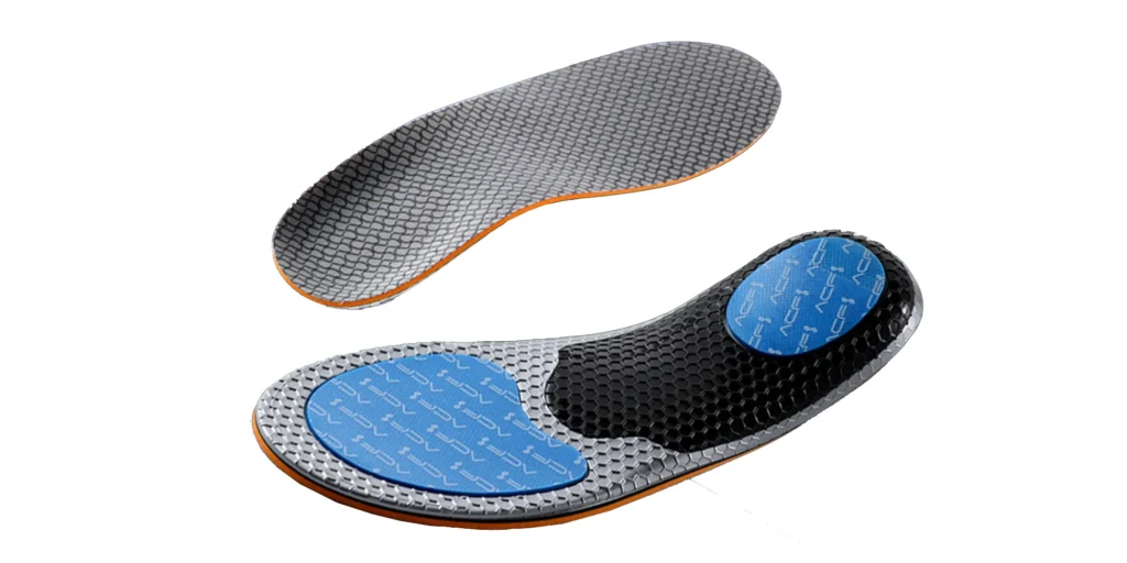 a pair of orthopedic insoles. One insole has a gray, textured upper surface with an orange edge, likely designed for breathability and grip. The other insole features a more complex structure, with blue cushioned areas that probably offer shock absorption, and a black, honeycomb - patterned section for added support. These insoles are intended to enhance foot comfort, provide arch support, and may help alleviate foot pain, suitable for those seeking improved footwear ergonomics or dealing with foot - related issues.