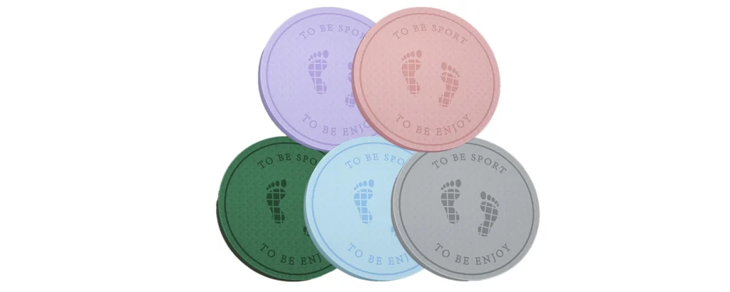 five circular tokens stacked atop one another against a stark white backdrop. Each token boasts a unique hue—purple, pink, green, blue, and gray—and bears a footprint design at its center. Surrounding the footprint, the phrase "TO BE SPORT TO BE ENJOY" is inscribed, suggesting a theme of leisure and physical activity. The tokens' overlapping arrangement creates a sense of depth and layering within the composition.
