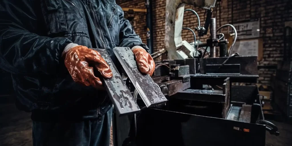 worker in protective gloves is holding freshly cut piece of metal.