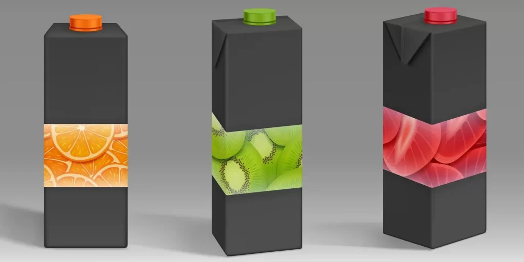 Three black cardboard boxes, each with a different pattern design. From left to right, the first box has an orange and mandarin design; the second box has a green and red leaf design; and the third box has a purple flower design. Each box has a green or red lid on top.