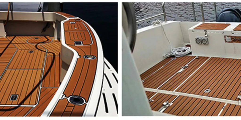 two different perspectives of a boat’s deck. On the left, we see a close-up view of the bow area with its wooden decking and various fixtures such as cleats for mooring lines and what appears to be a hatch or access point. The right side provides a broader perspective, showing more of the deck layout including seating areas with backrests, storage compartments, and additional fixtures that suggest functionality for navigation and safety equipment. Both views highlight the sleek design and attention to detail in the boat’s construction.
