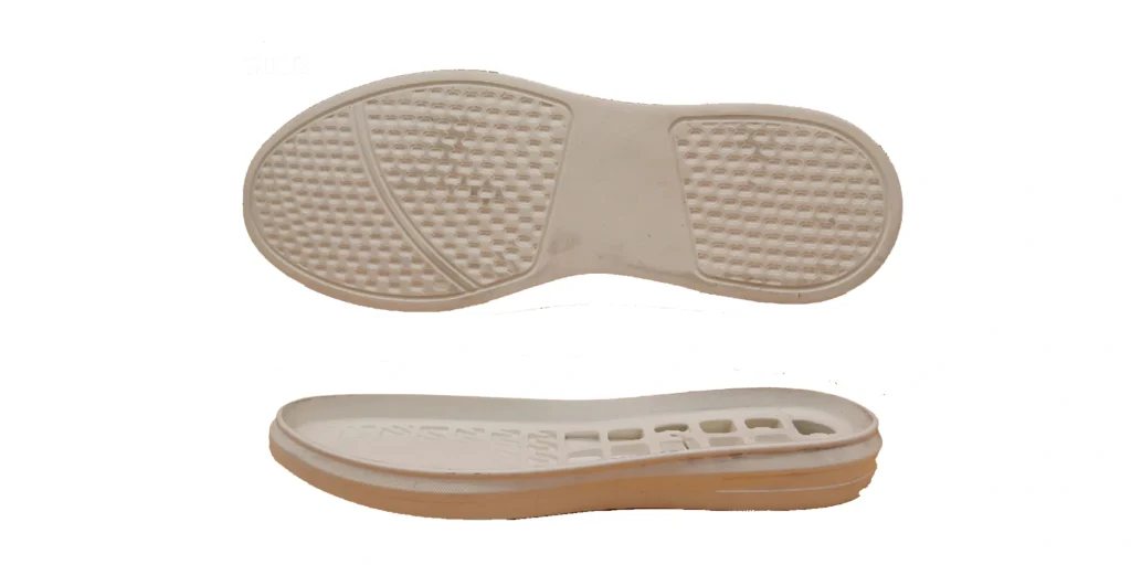 a beige shoe sole presented in two views. The upper view showcases a tread pattern with small, evenly spaced circular indentations, likely designed for traction and grip. The lower view reveals an inner structure with a series of cut - out shapes, which may contribute to flexibility, weight reduction, or breathability. The sole appears to be made of a lightweight, durable material, suitable for casual footwear to enhance comfort and functionality.