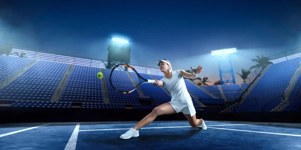 On the tennis court, a woman is swinging her racket, ready to hit the ball. She is wearing a white dress and shorts and is standing by the bleachers in the center of the court. She is holding her racket, gripping the handle tightly and keeping her eyes on the direction of the ball. Her body posture is graceful, displaying confidence and elegance. Her eyes seem to be searching for her opponent's position, ready for his return shot.