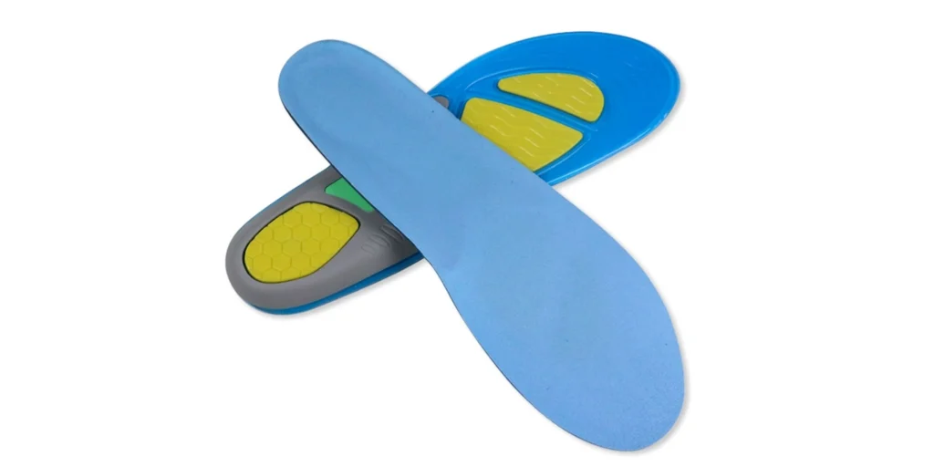 showcases a set of orthopedic insoles. There are three insoles visible, with dominant colors including blue, gray, and yellow. The insoles are structured with distinct cushioning zones, which are likely engineered to provide targeted support to different parts of the foot, such as the heel and arch. These insoles are probably intended to enhance foot comfort, correct gait issues, or alleviate foot - related pain, commonly used in footwear for those needing extra foot care or suffering from conditions like plantar fasciitis.