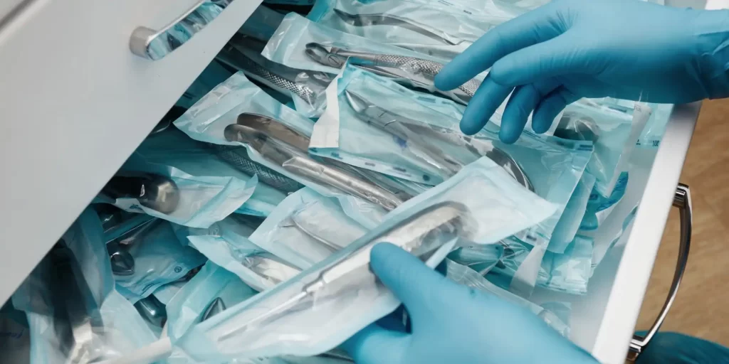 sterilized dental instruments, typically used in a dental clinic. Such images are often used in contexts discussing dental care, hygiene standards in medical environments, or the importance of using sterilized equipment for patient safety. In the case of dental equipment, maintaining sterility is crucial to prevent infection. Instruments are usually cleaned, sterilized, and stored in sealed packaging to ensure that they remain contaminant-free until they are used. The image could be associated with discussions on best practices in dental clinics for instrument sterilization or could be used in educational material to showcase the proper handling and maintenance of dental tools.