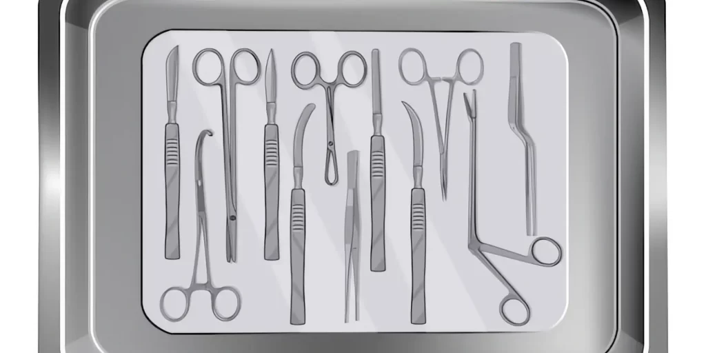 a set of surgical instruments, possibly displayed in a sterilization tray. These trays are typically used to organize, sterilize, and transport surgical tools in a safe and hygienic manner. The inclusion of EVA foam in the packaging of surgical instruments is crucial as it can provide cushioning to protect the delicate instruments during handling and transportation, as well as maintain the sterility by preventing instruments from moving around and coming into contact with non-sterile surfaces.