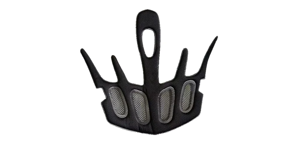 shows a black, ergonomic helmet inner padding designed for impact protection and comfort. It features a curved, open-frame structure with four mesh-covered, oval shock-absorbent inserts along the base, and a central vertical strap with a cutout for secure retention. The textured, breathable material and tailored shape ensure a snug fit inside helmets, making it ideal for sports, cycling, or tactical gear.